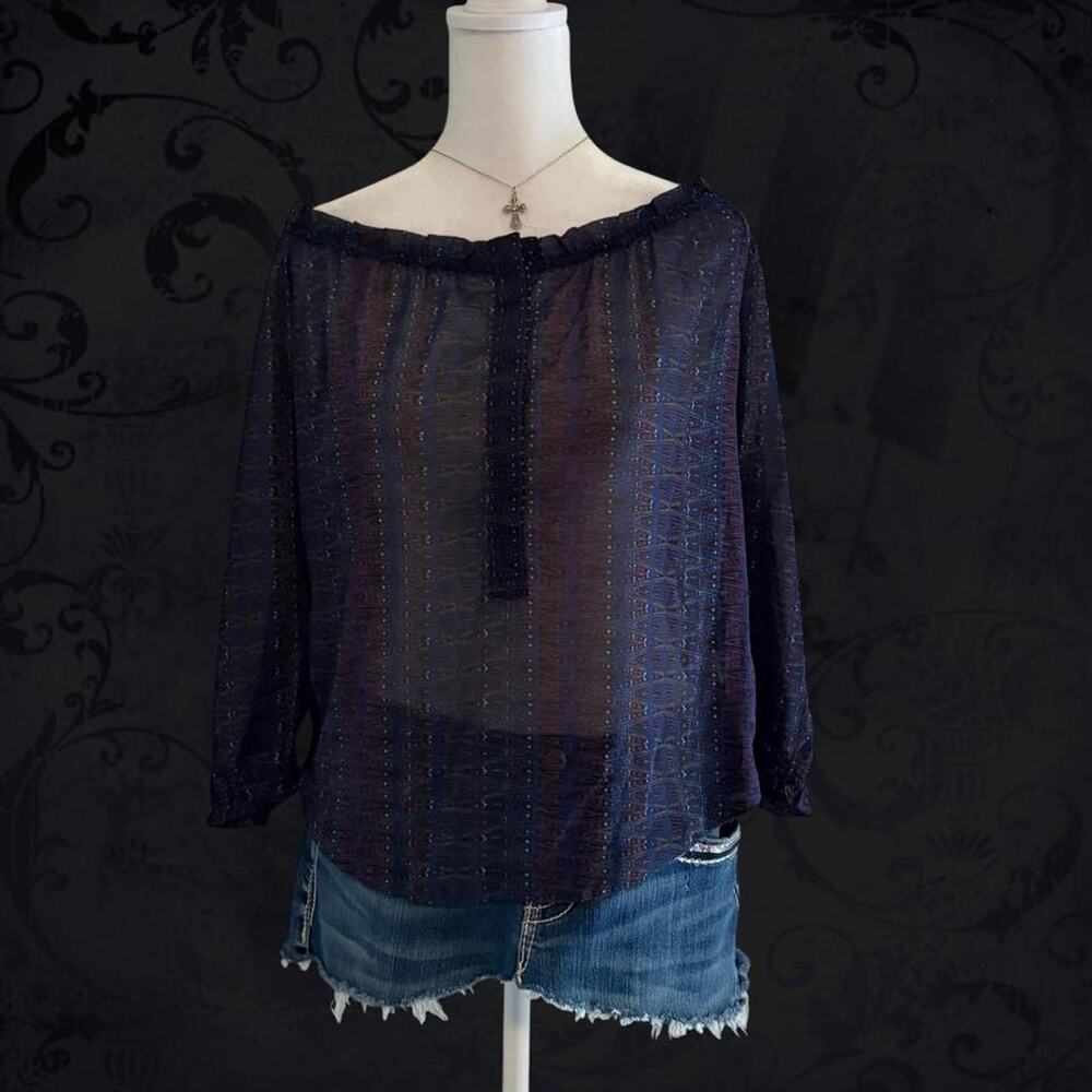 vertical tribal geo stripe print sheer dark navy blouse top